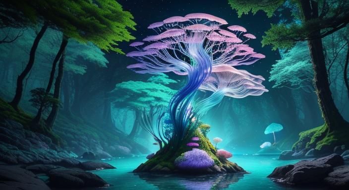 🌿 Surrounding this goddess, the landscape unfolds in a kale...
