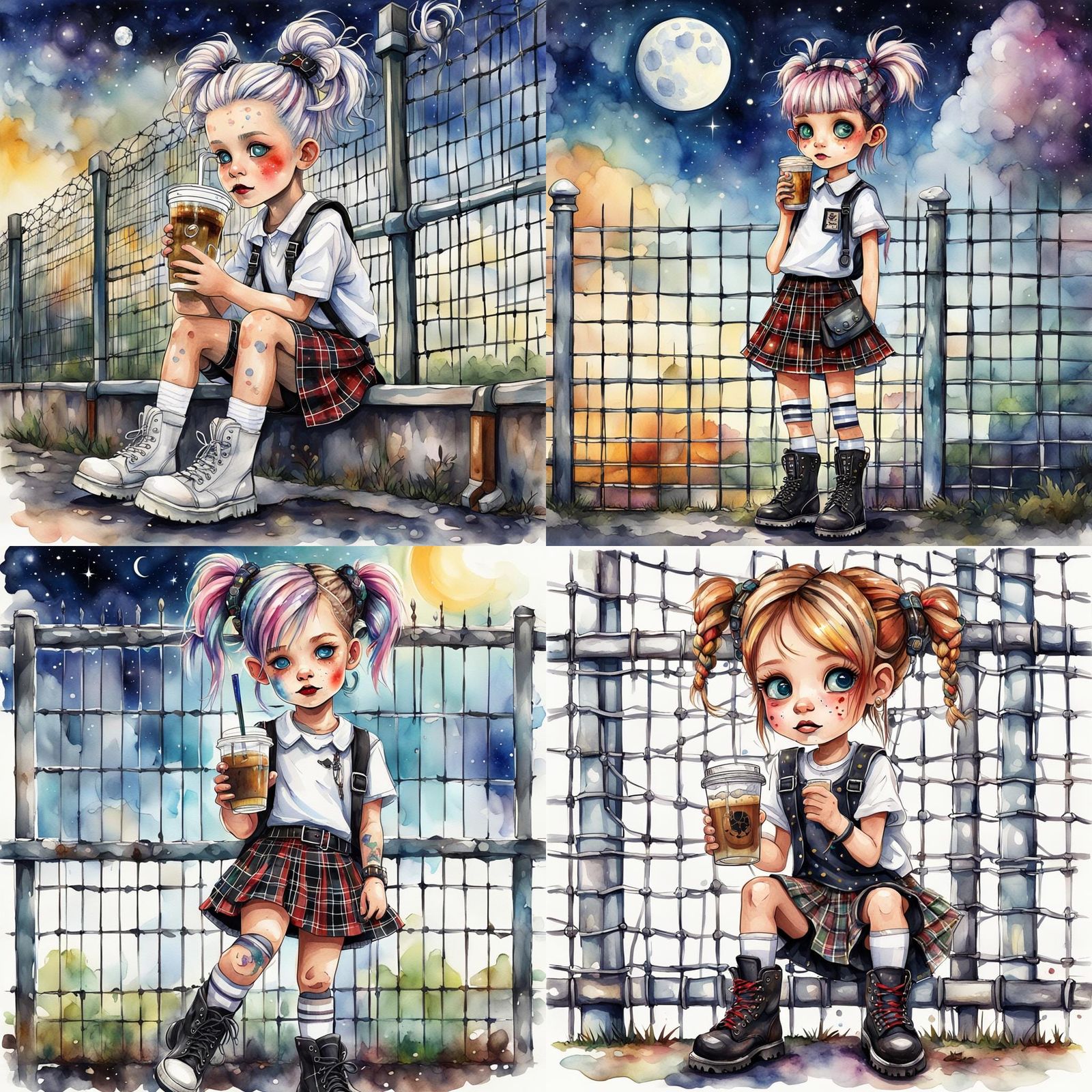 HD, 3D, whimsical, cute little punk girl dressed in a white ...