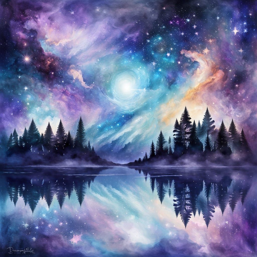 "Surreal landscape of a calm lake reflecting a completely different sky — bright daylight around, but the reflection shows a deep starry nig...