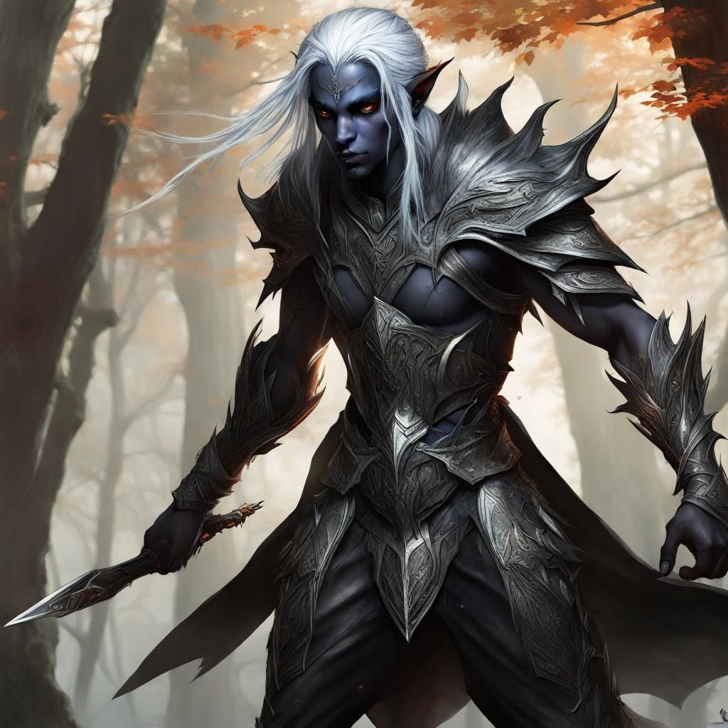 Handsome Mysterious Full_body Drow::elf, Rocco-flame armored , Forest ...