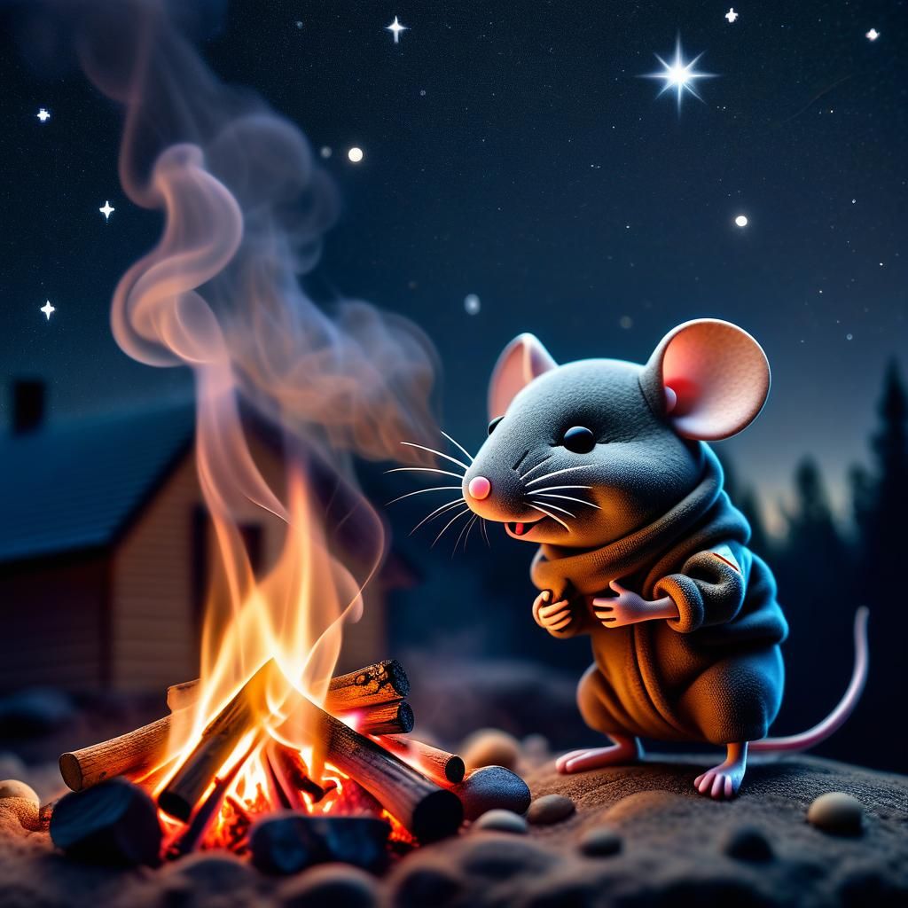 Photograph, Macro, chibi mouse made of smoke looking at smoky camp fire ...