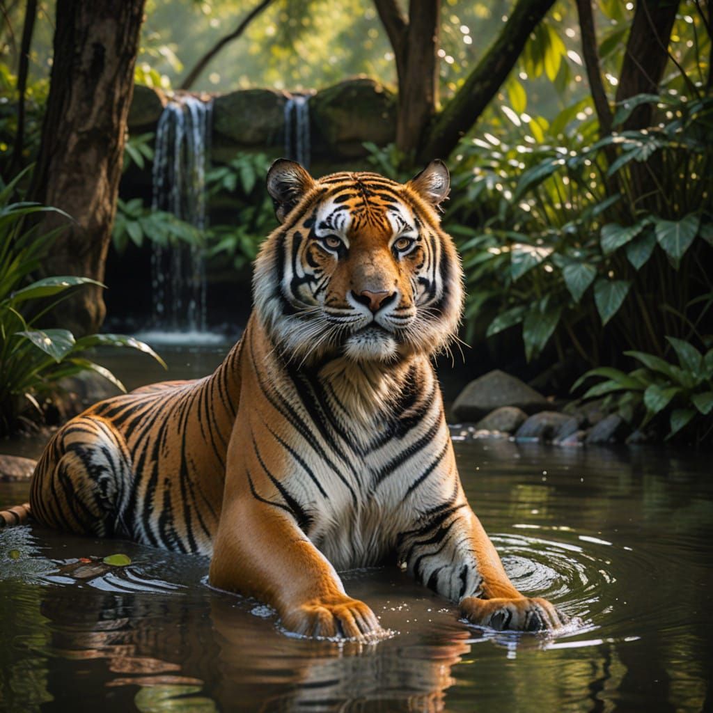 Tiger staring at reflection in water, focus, realistic, realism, imax,   by @Grey Chicken Nugget 