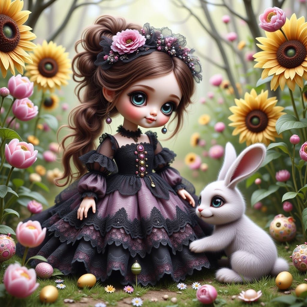 Victorian Doll Plays with Easter Bunny in Whimsical Garden