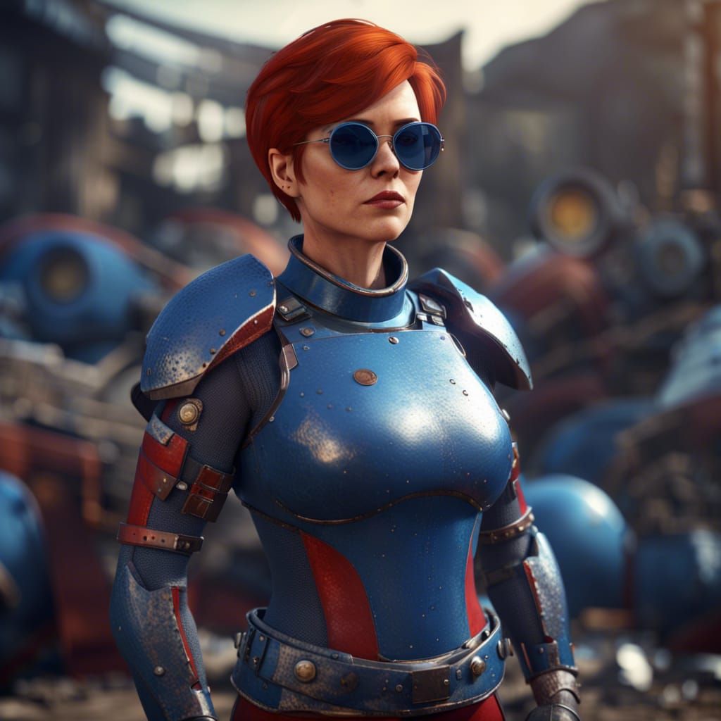 curvy woman, 80 years, short red hair, blue armor catsuit, scrapyard ...