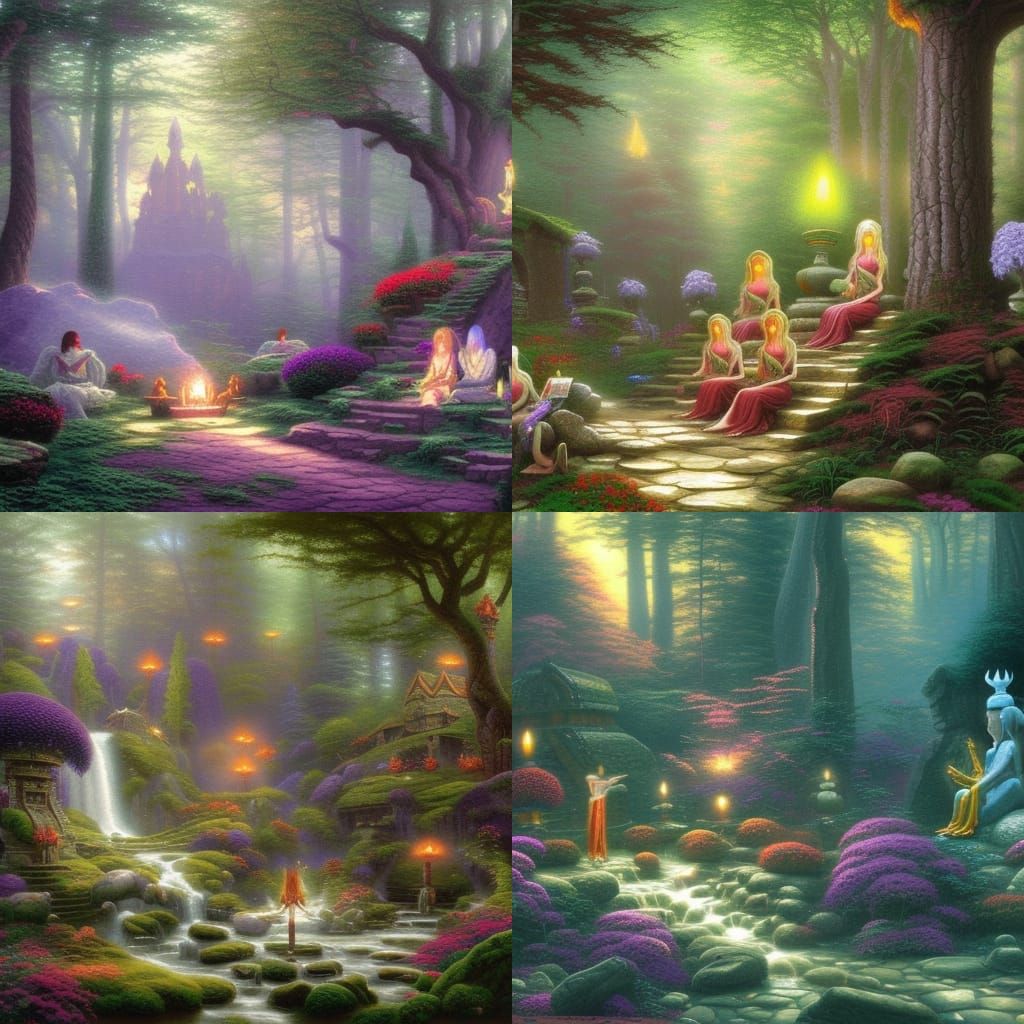elves meditating, in forest, males, temple
