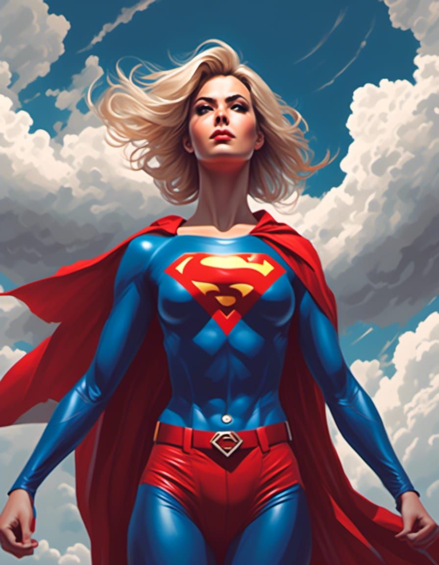 <lora:test2:1.0> a woman dressed as superman standing in fro...
