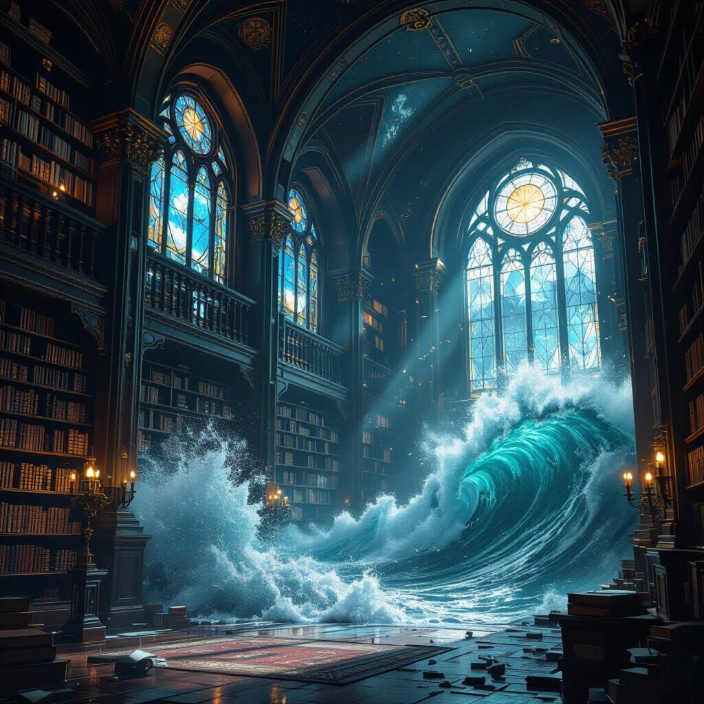 A majestic, ancient library interior. Sunlight streams through stained-glass windows depicting celestial maps, illuminating dust motes danci...