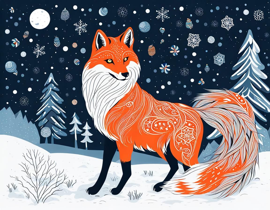 Celestial Fox with Snowflakes and Moon