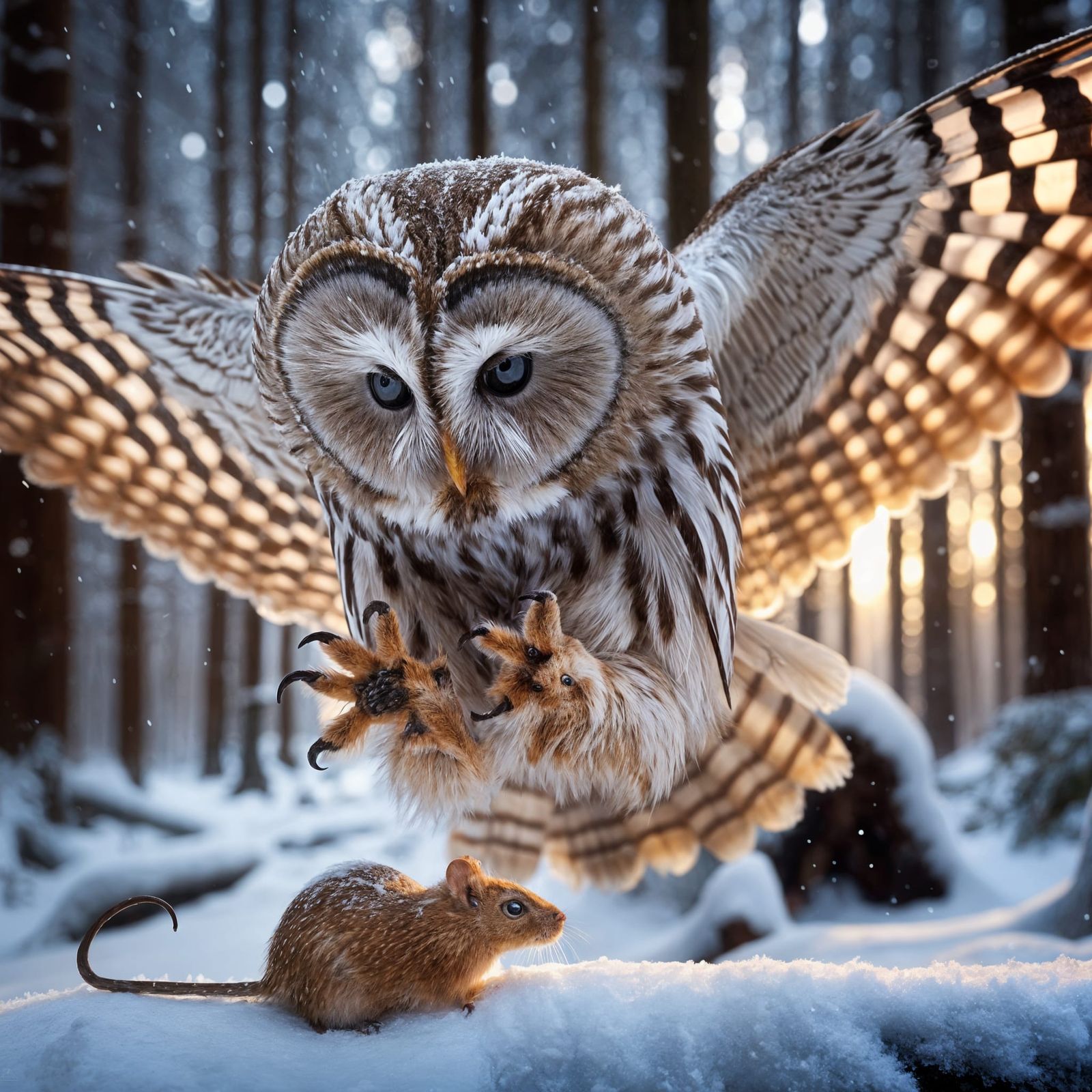 Ural owl attempting to catch a mouse in a snowy forest
