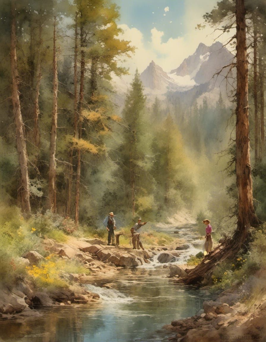 Mountain scene, with pines and a lazy river with wildflowers...