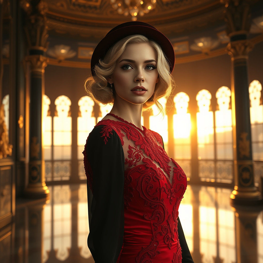 Super Realistic Prompt with Sunrise and red Dress:
"A stunning blonde woman with a sculptural figure and delicate facial features, wearing a...