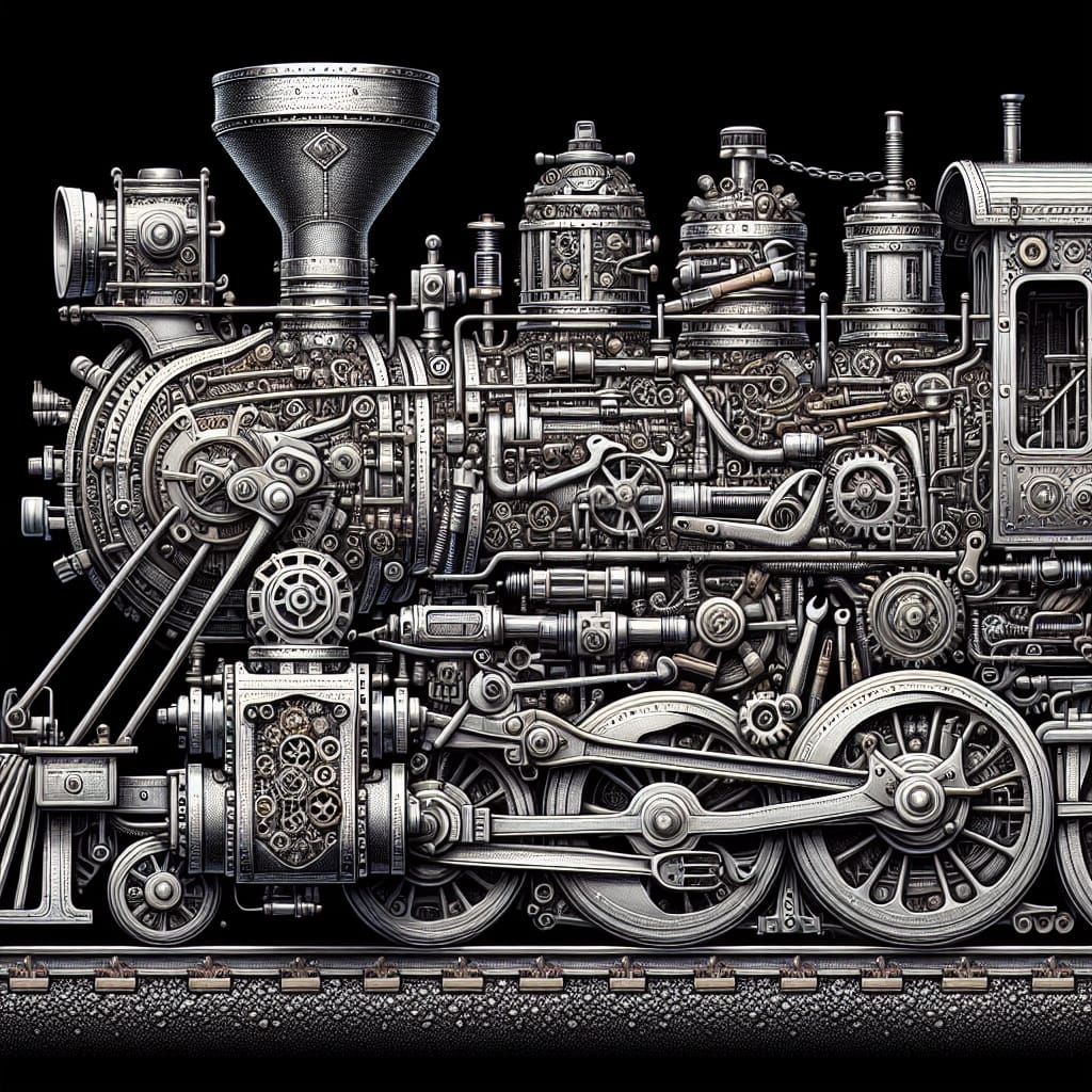 A  illustration of a verry detailed iron train 🗜️🔩🪛🪛🪛🔨⛏️⛓️⛓️  by @Denise