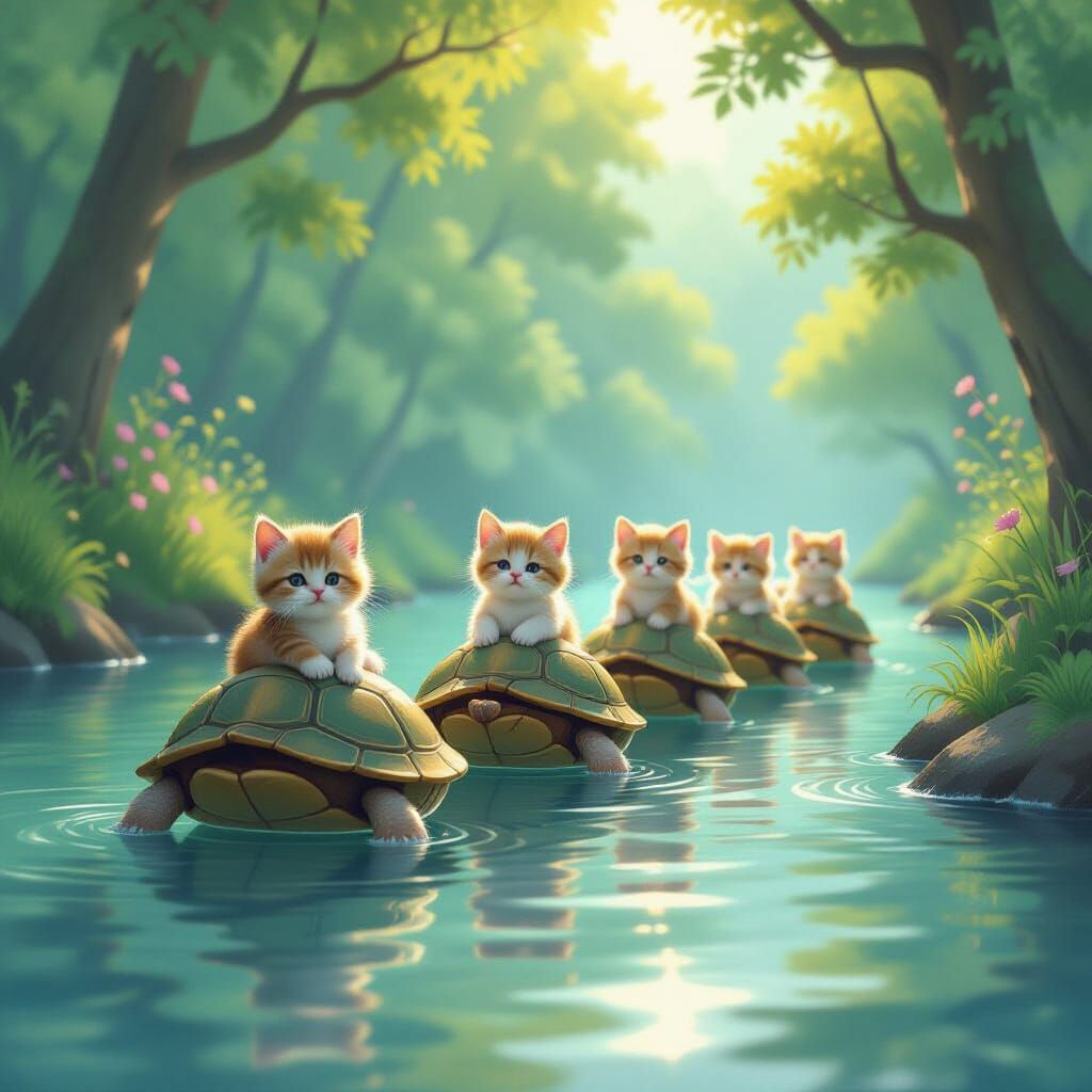 A line of turtles  each with a kitten on its back all facing forward as they float down the river.

