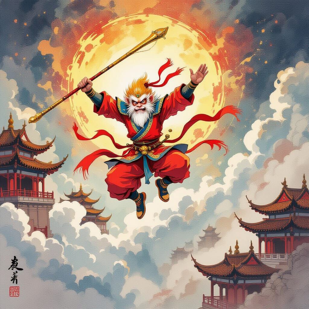 Sun Wukong in Heavenly Palace Chaos, Ink Wash Style