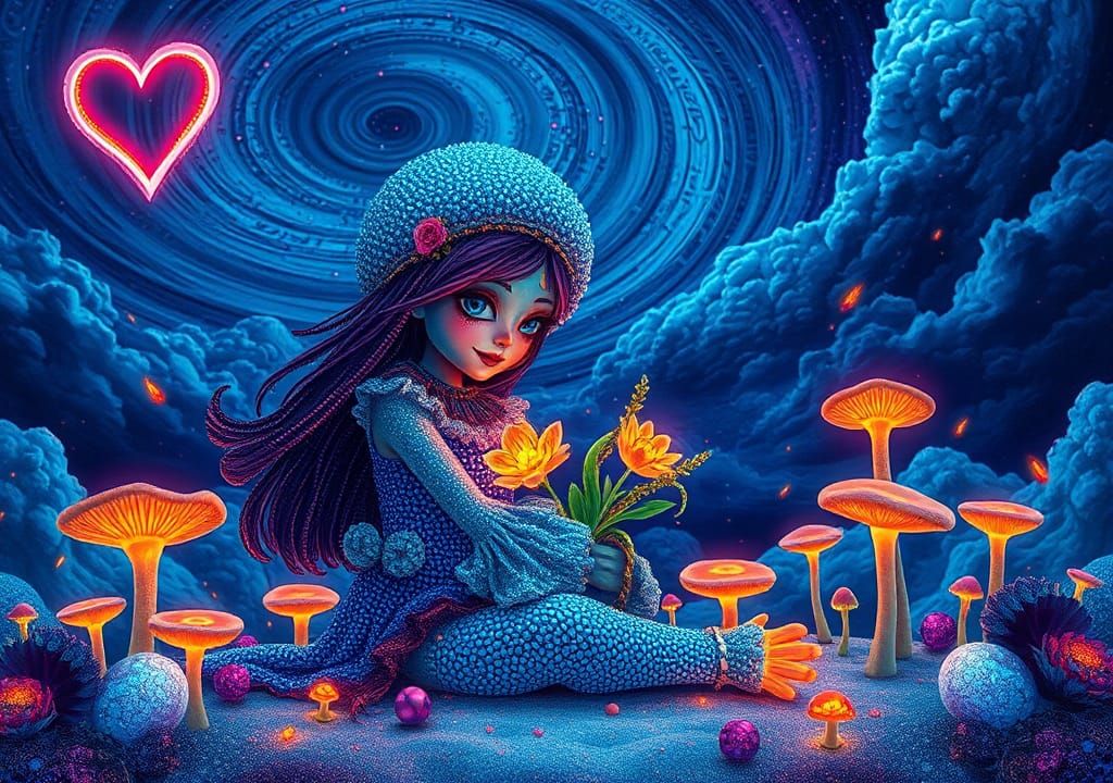 Alien Girl-Clown in a Glowing Landscape