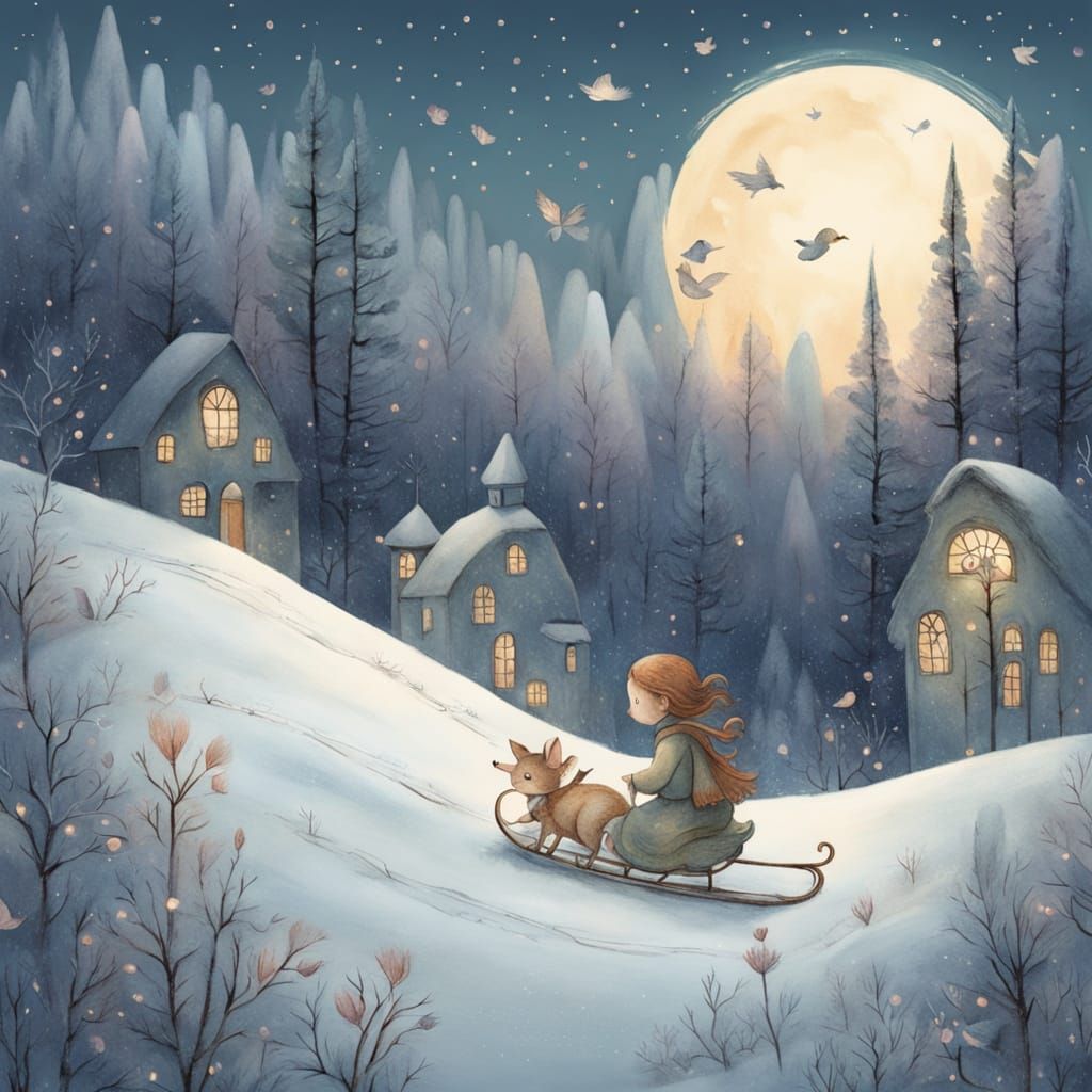  Whimsical painterly fantasy art of  two children joyfully sledding down a snow-covered hill