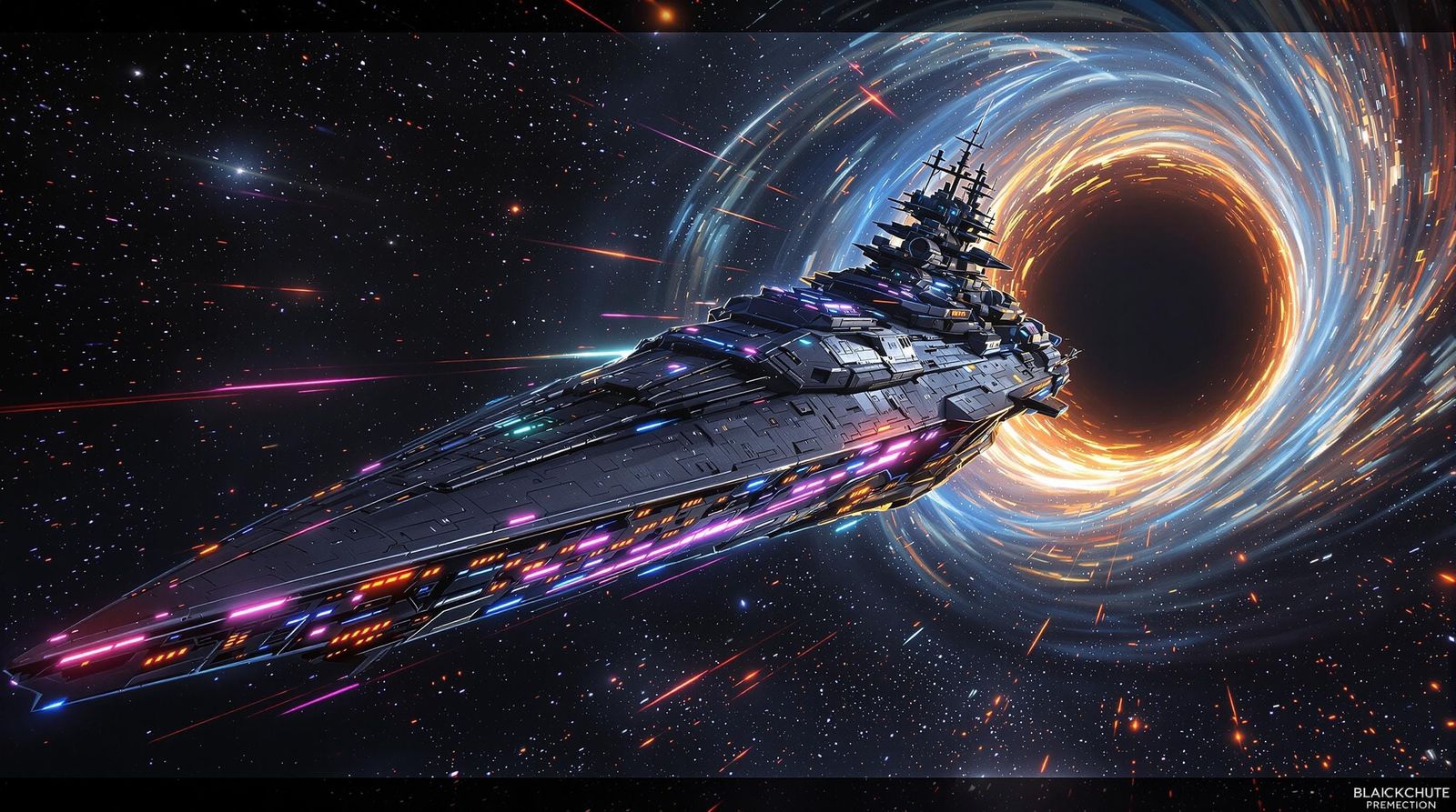a stricking battle ship emerging from a black hole, 4k masterpiece, stunning details of the space