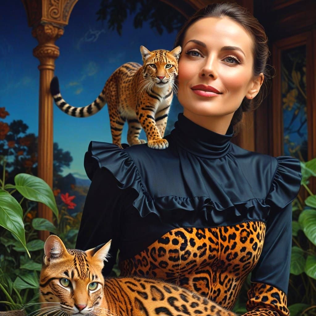Surrealistic Portrait of a Happy Lady with Oversized Cat