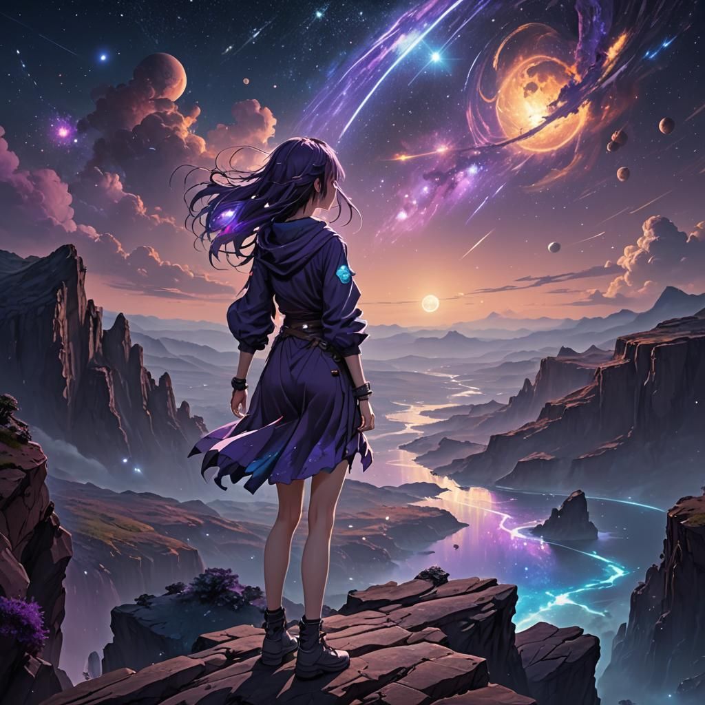Full body anime girl standing on the edge of a cliff with he...