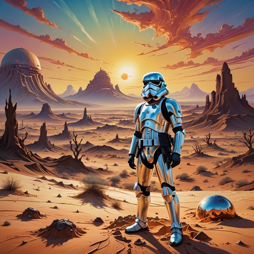 Stormtrooper Melts in Desert: A Dali-Inspired Vision