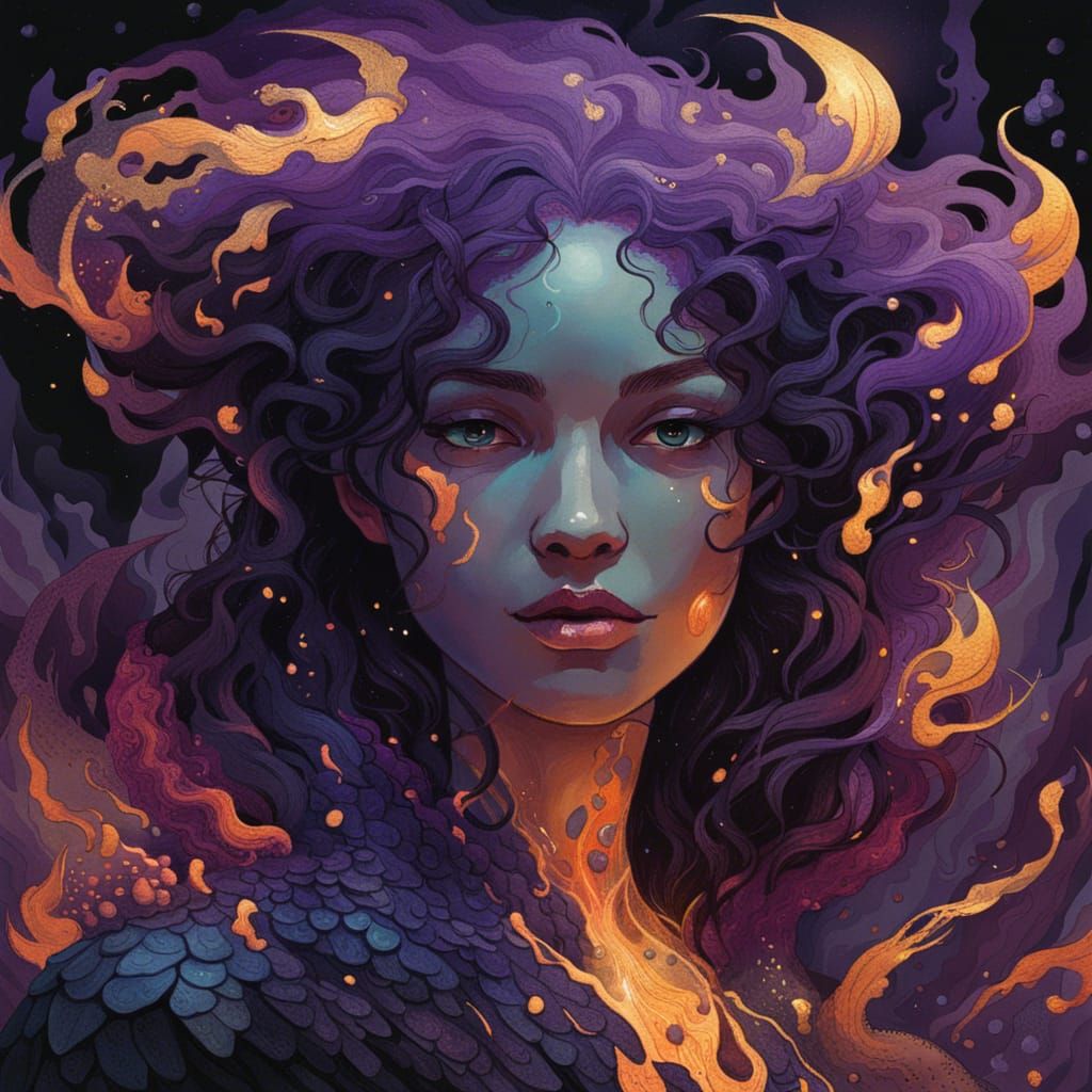 A beautiful female creature with scales glowing like purple ...