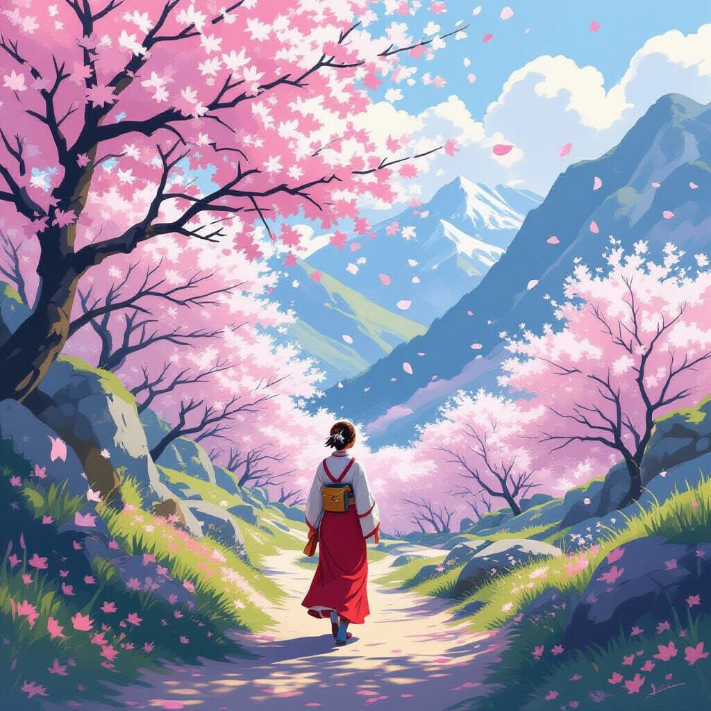 Woman in Cherry Blossom Landscape as Impressionist Art