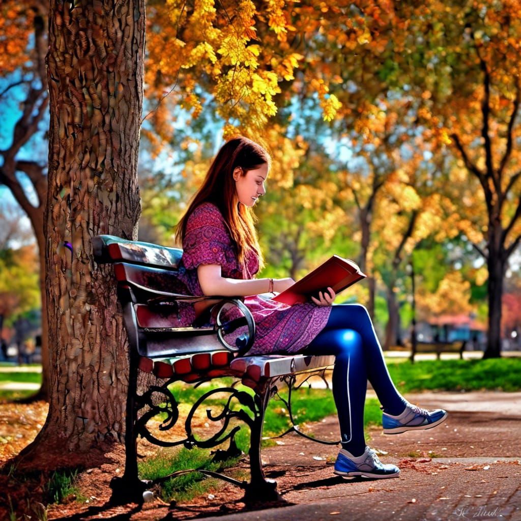 Girl sitting on a bench reading, park background, hdr <lora:Inked:1.0> 