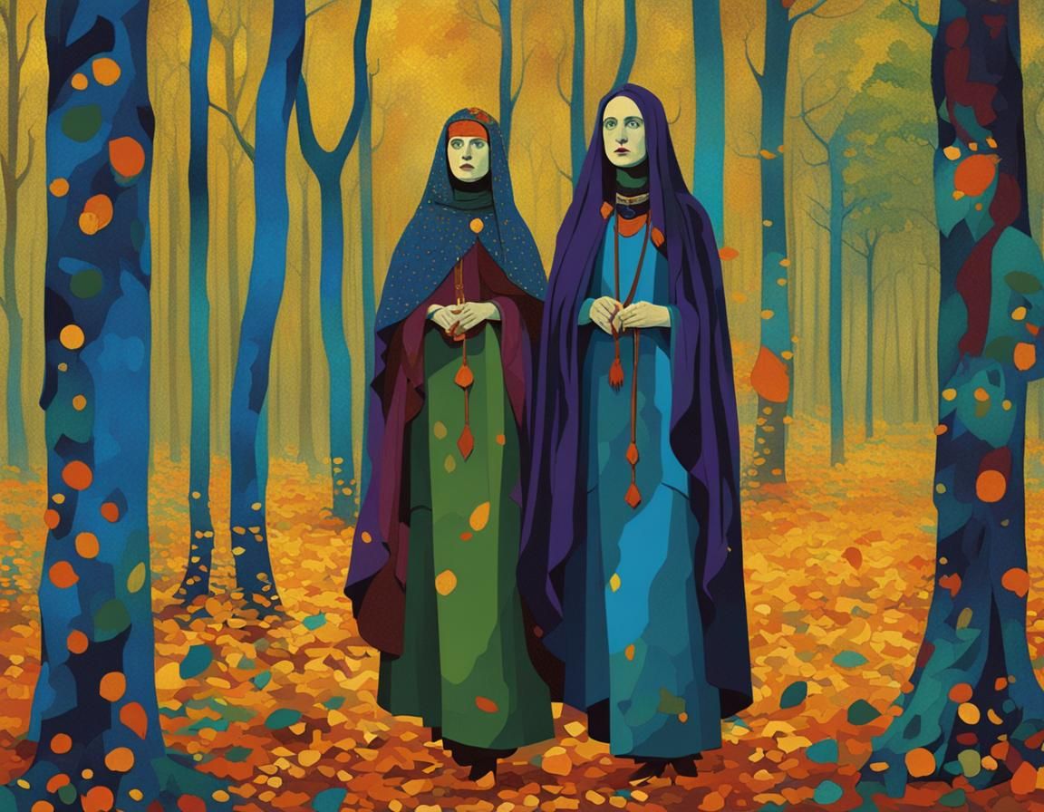 women druids in the woods, French province, Normande, dark s...