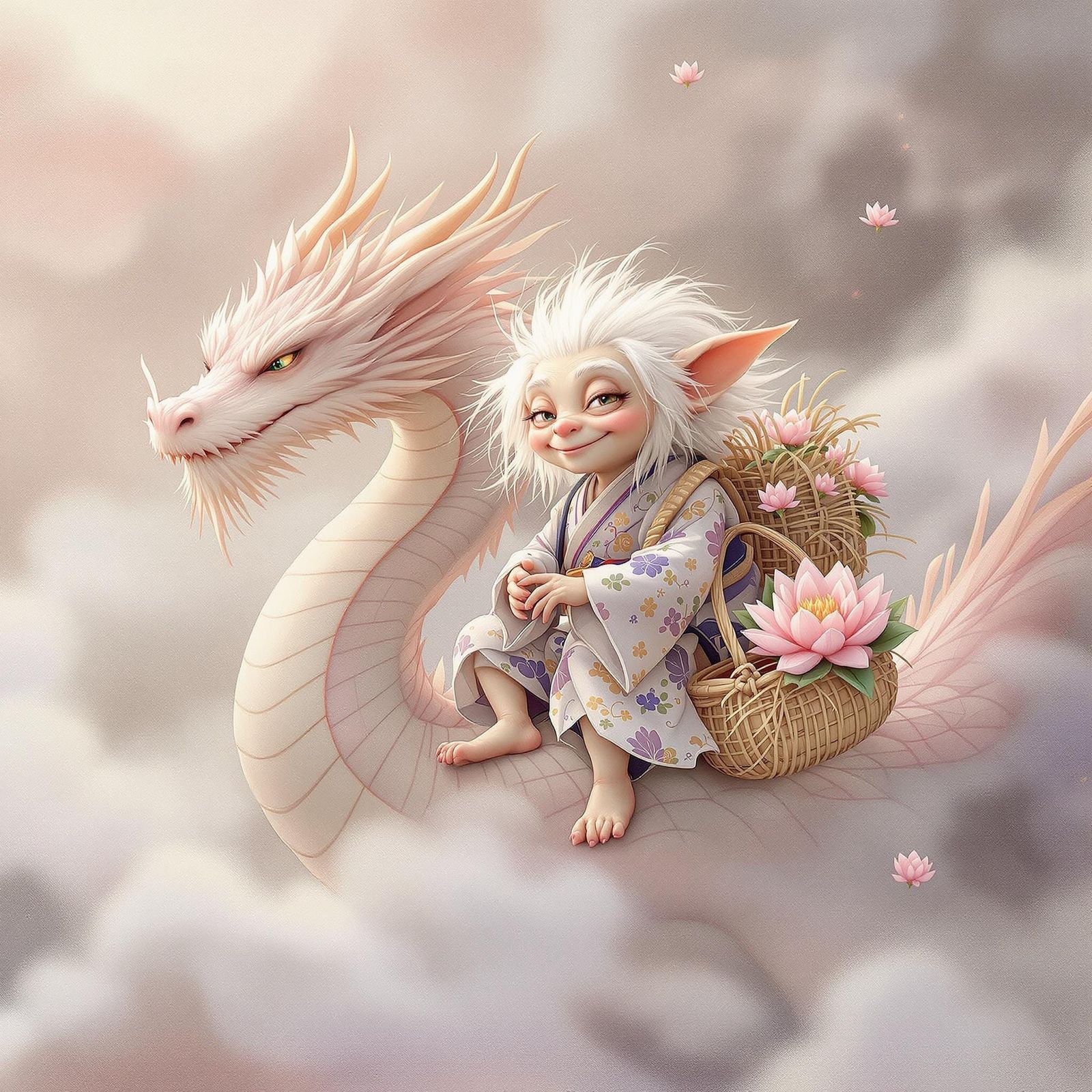 Gremlin Rides Dragon in Dreamy Ukiyo-e Landscape