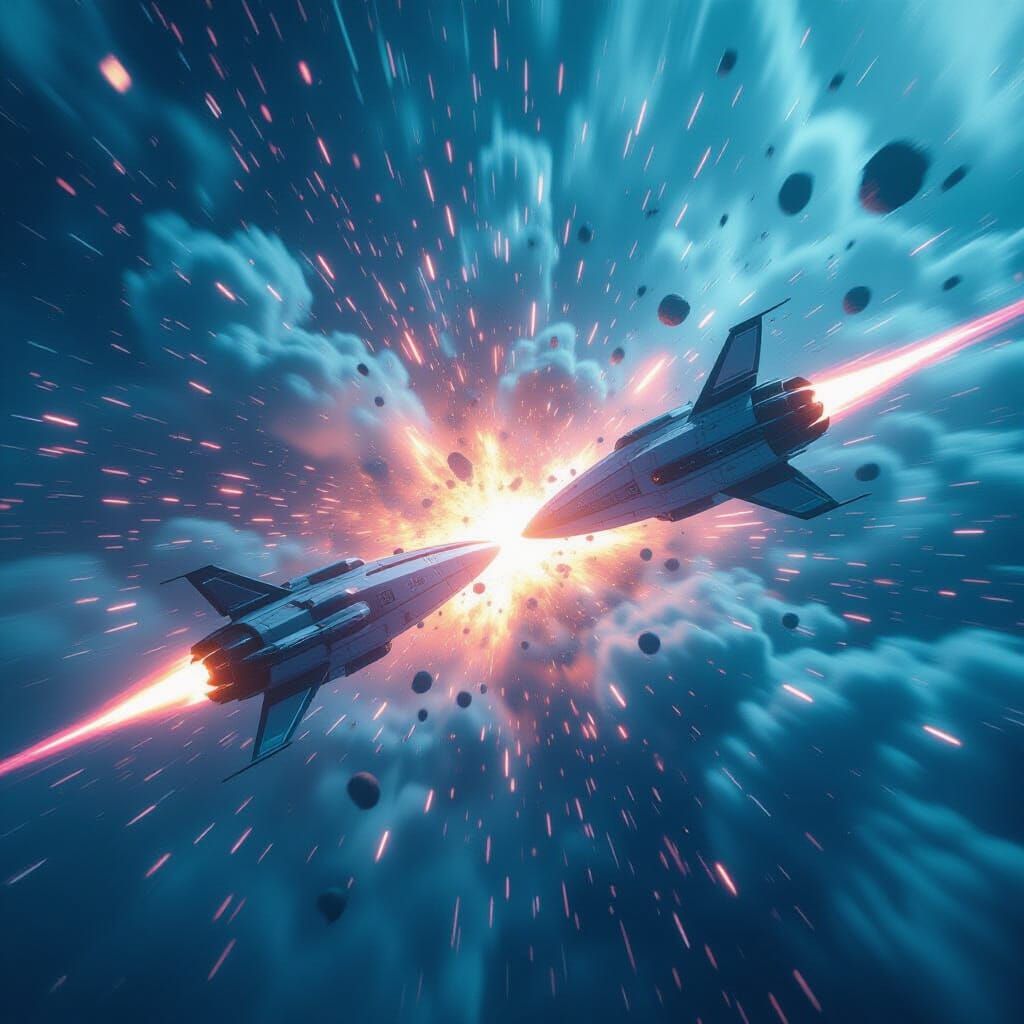 Epic Spaceship Collision with Turquoise and Pink Explosion