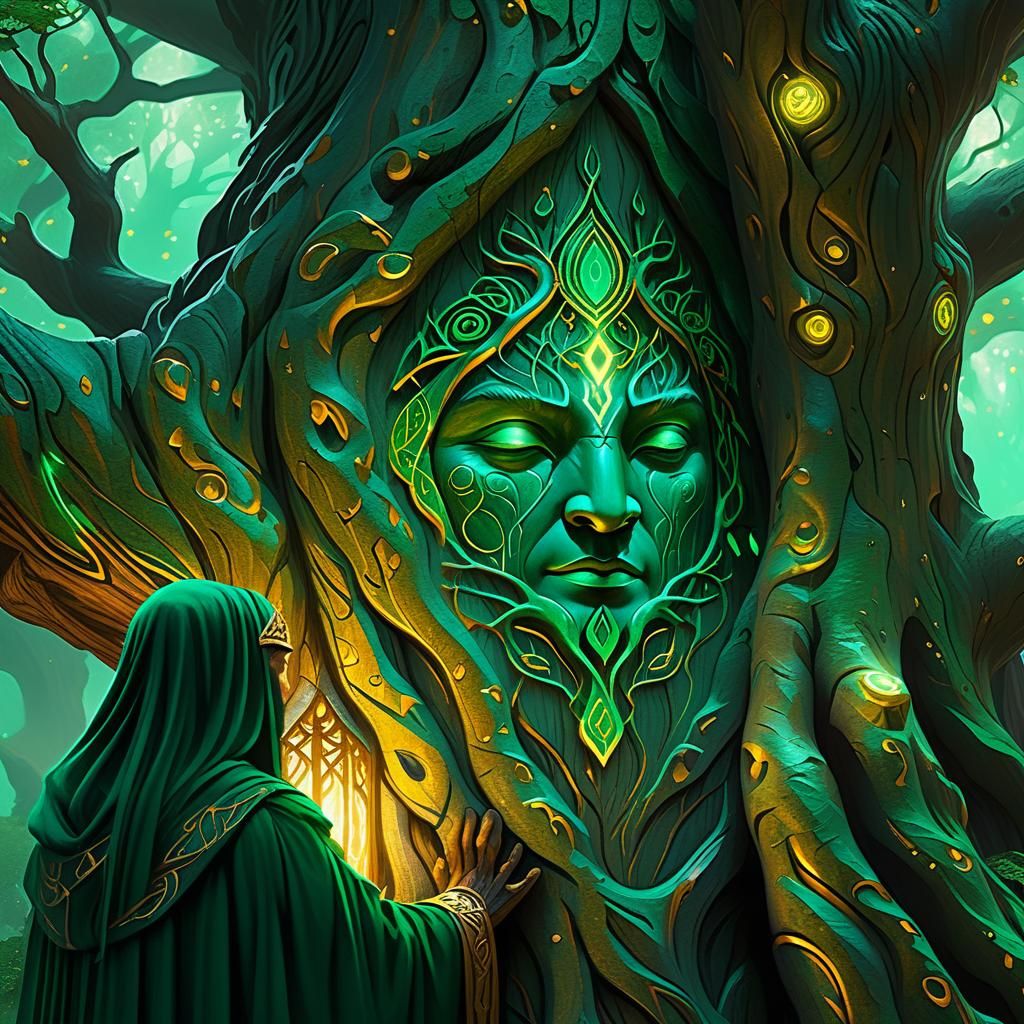 A druid invoking the help from the spirits in the trees by hugging the trees  by @Dorian