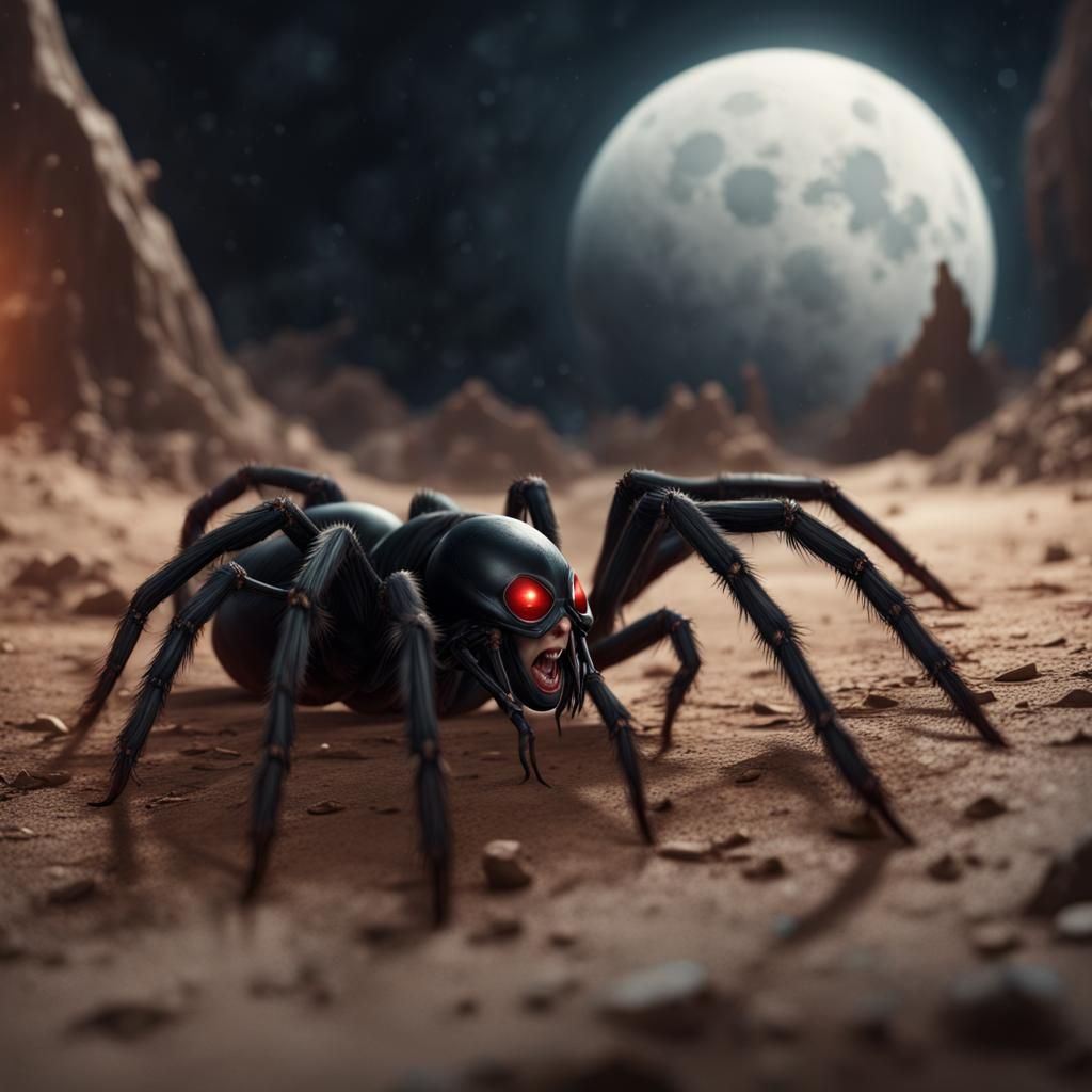 a black widow crawling on a crescent moon