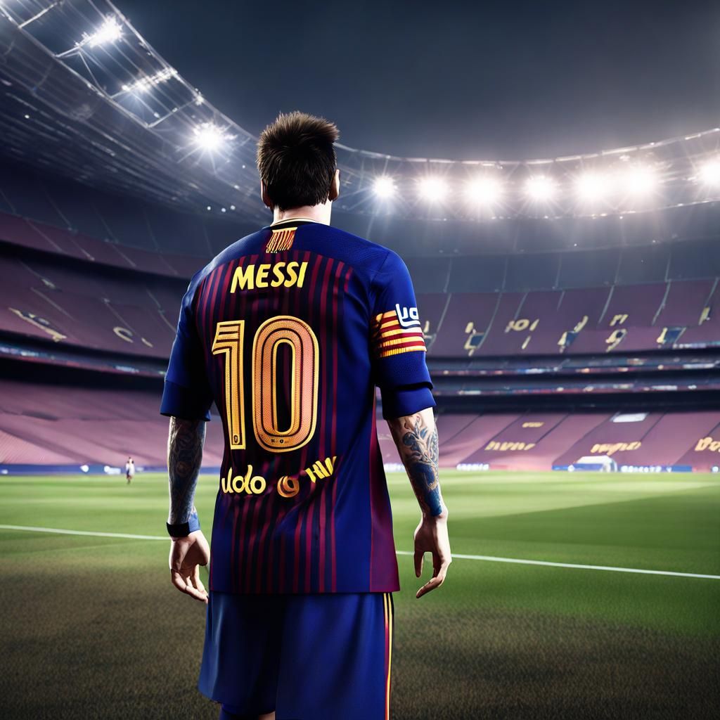 Lionel Messi standing in the middle of an abandoned Camp Nou - AI ...