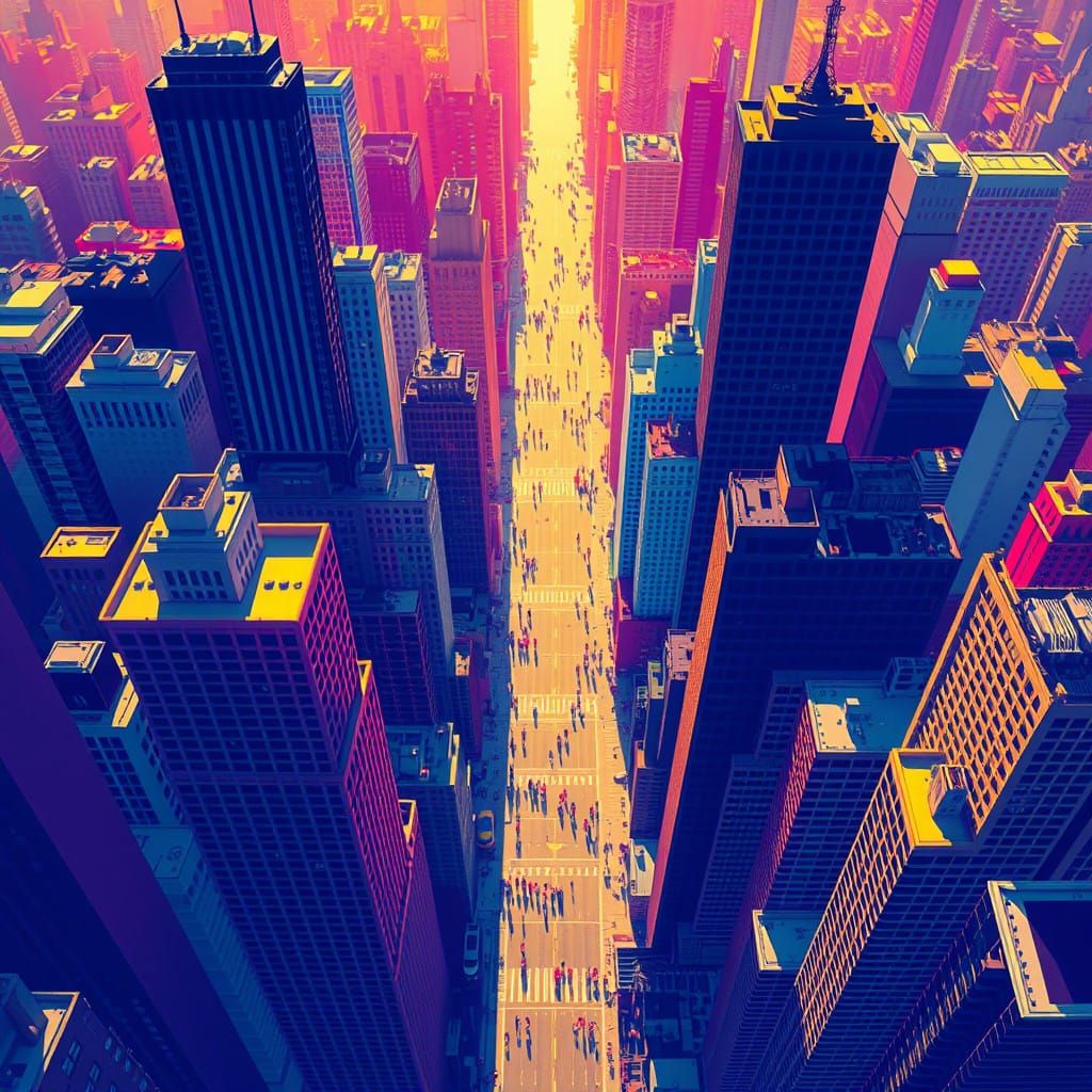 Solarization effect Center of Manhattan view top down look