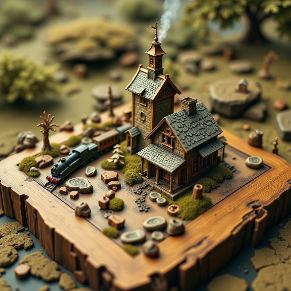 <lora:tavoletta:1.0> on an old wooden chessboard a tiny microcosm of a landscape with a watchtower, a railway station building and a train o...