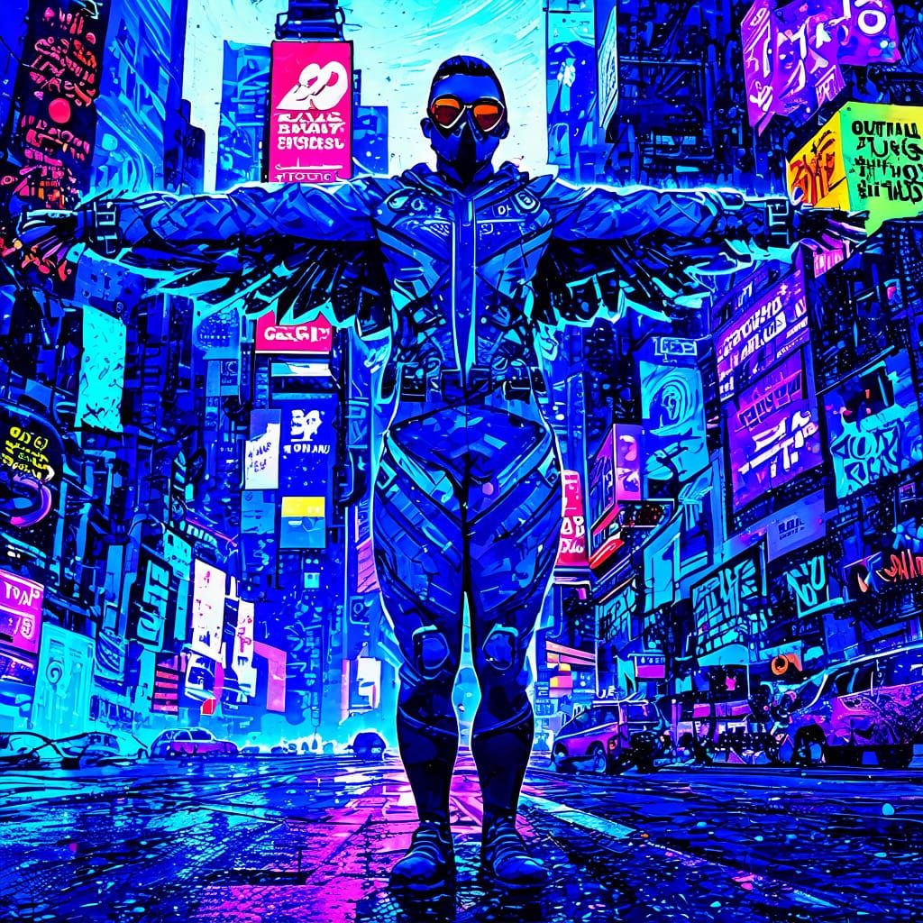 Apocalyptic Cyberpunk Figure in Times Square