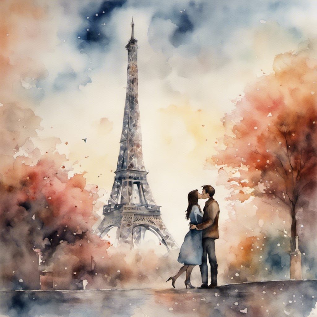 A couple kissing in front of the Eiffel Tower, romanticism, ...