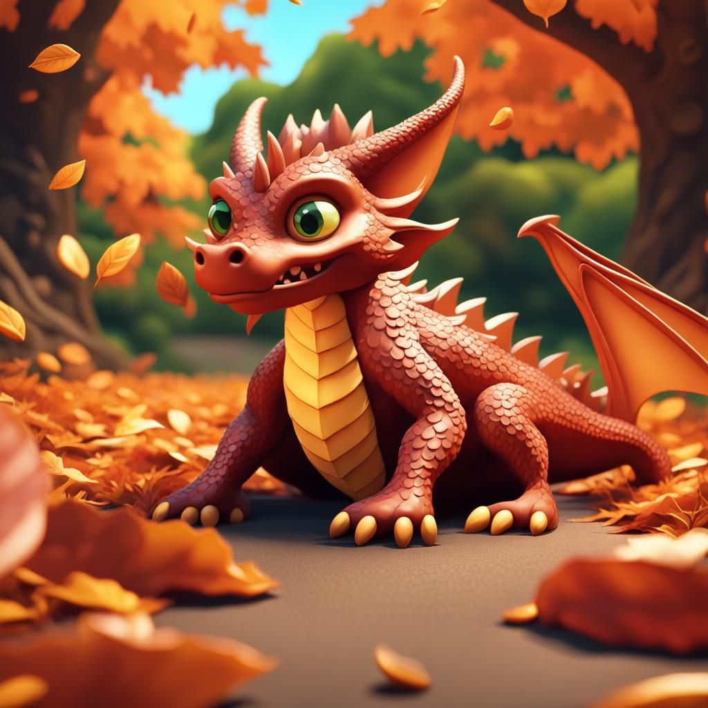 Smaug on the ground near leaves, in the style of cartoon-like figures, zbrush, vibrant stage backdrops, imax, cute and d...