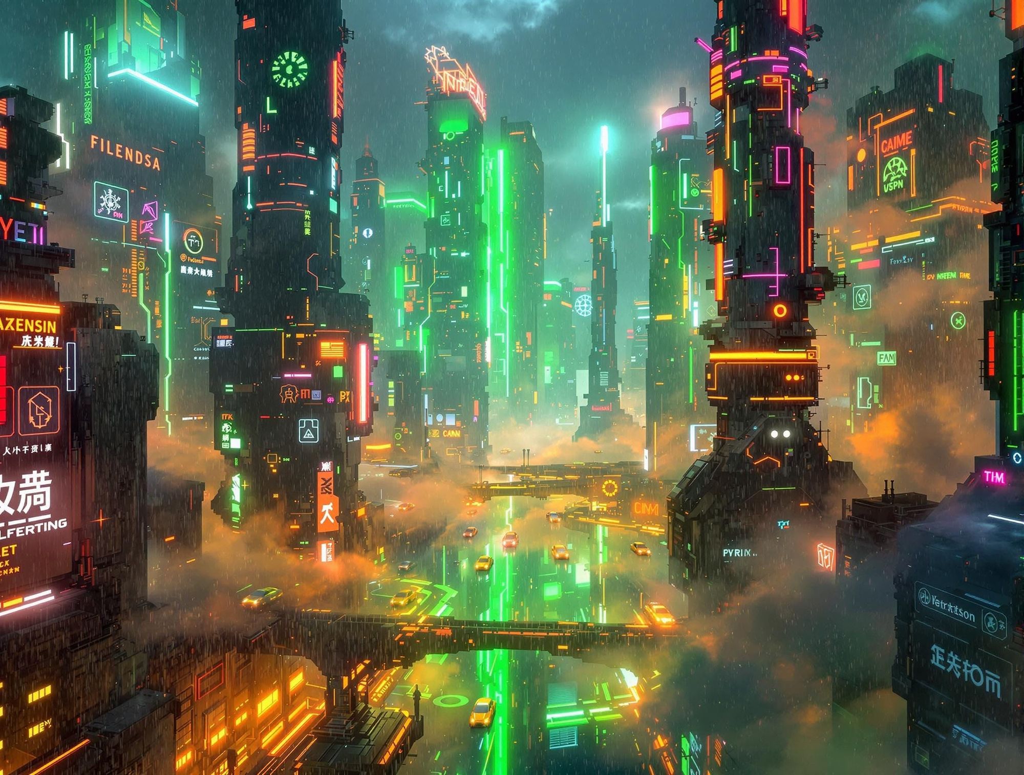 A futuristic cityscape glows with neon green and orange lights. 