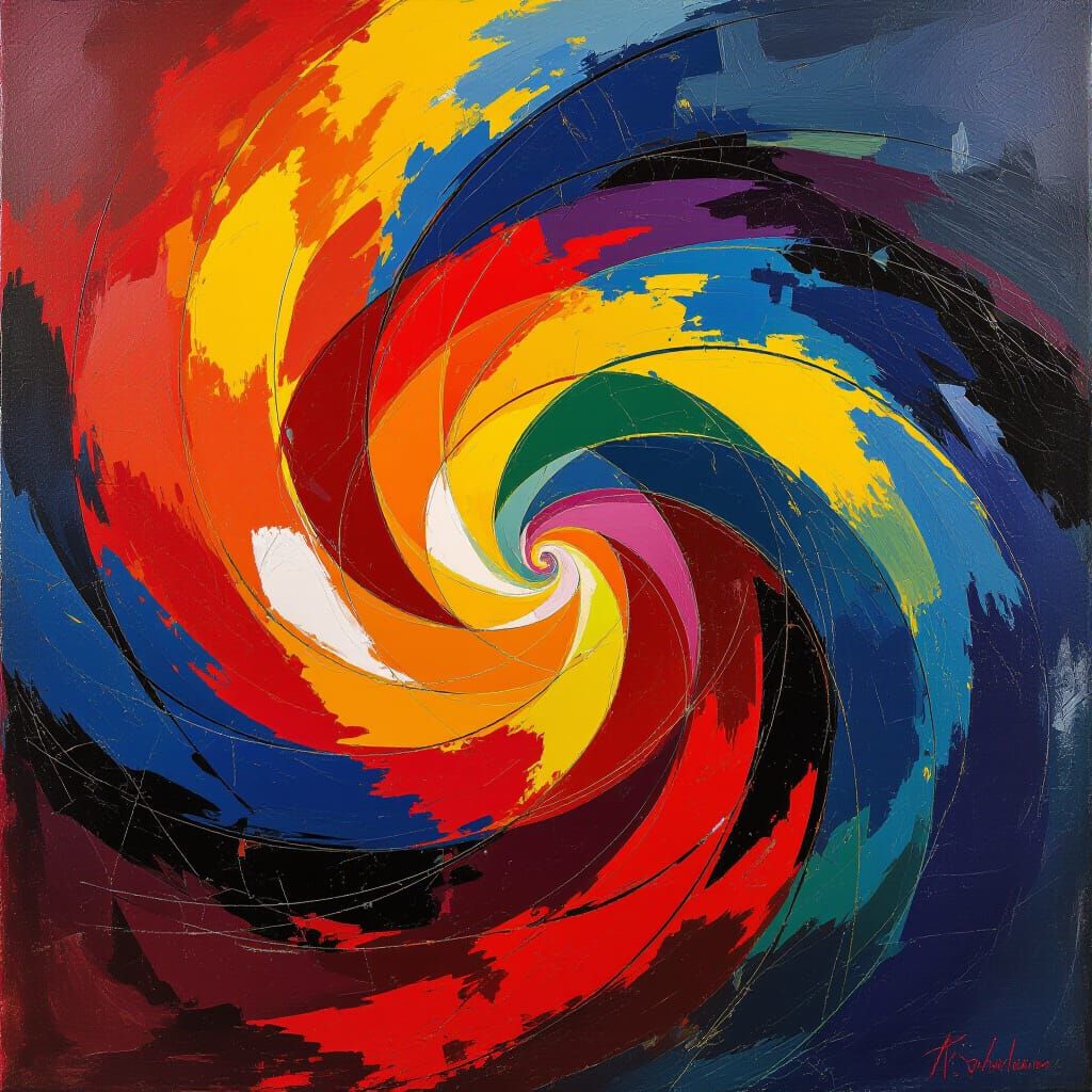 A vibrant, abstract expressionist explosion of color, representing the raw energy of creation. Swirls of bold reds, deep blues, and bright y...