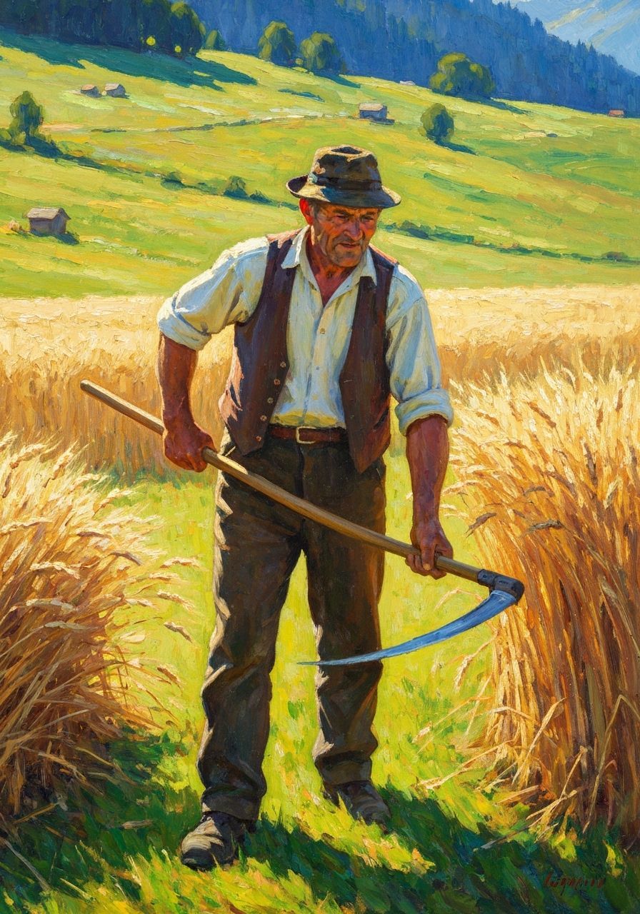 A swiss farmer on the alpine pasture  harvesting  wheat with a scythe   by @Tatti