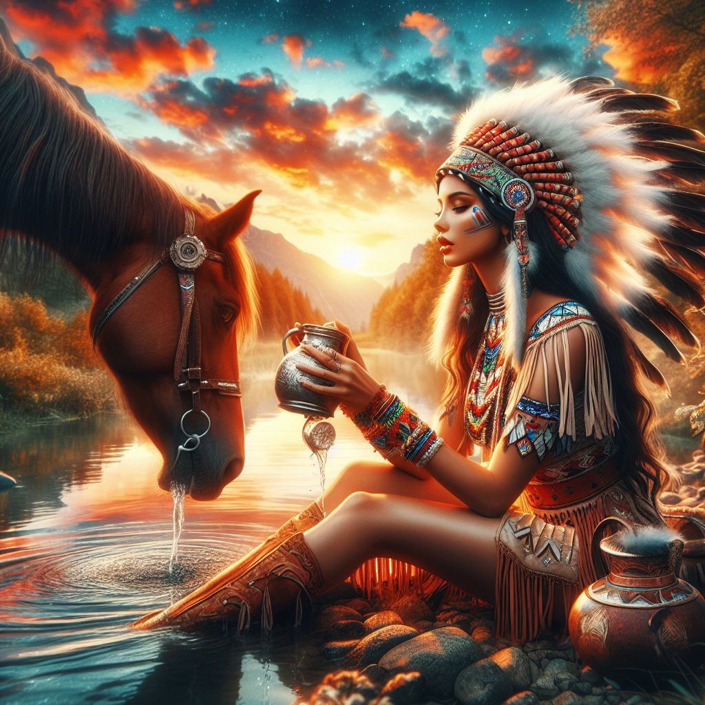 Apache woman & her Horse drinking