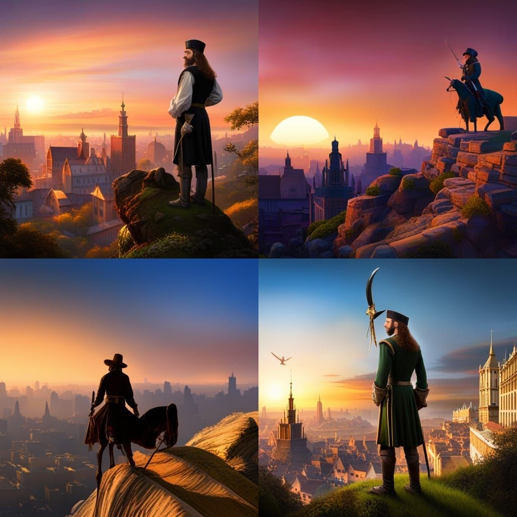 A seventeenthcentury Cavalier stands on a green hill overlooking a