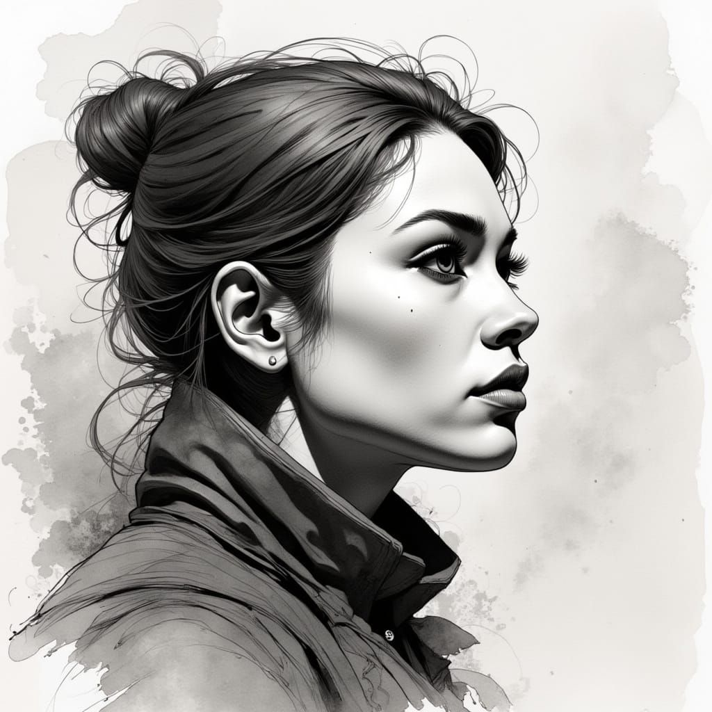 16k, canted 2/3 angle dynamic, shoulders up portrait profile of Kamchatka n, gradient background, rough lines, hatching shading, shadow fluc...