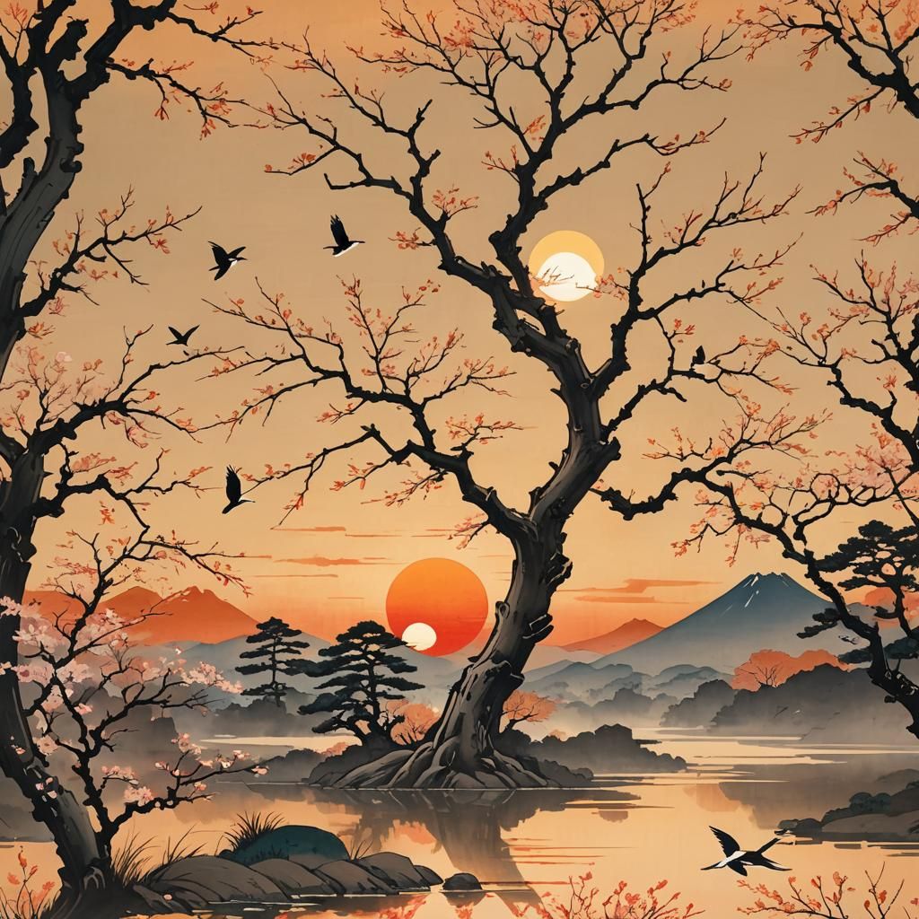 Ukiyo-e, Sakura in  sunset and flying cranes shadows far in the sky  by @Wildflower