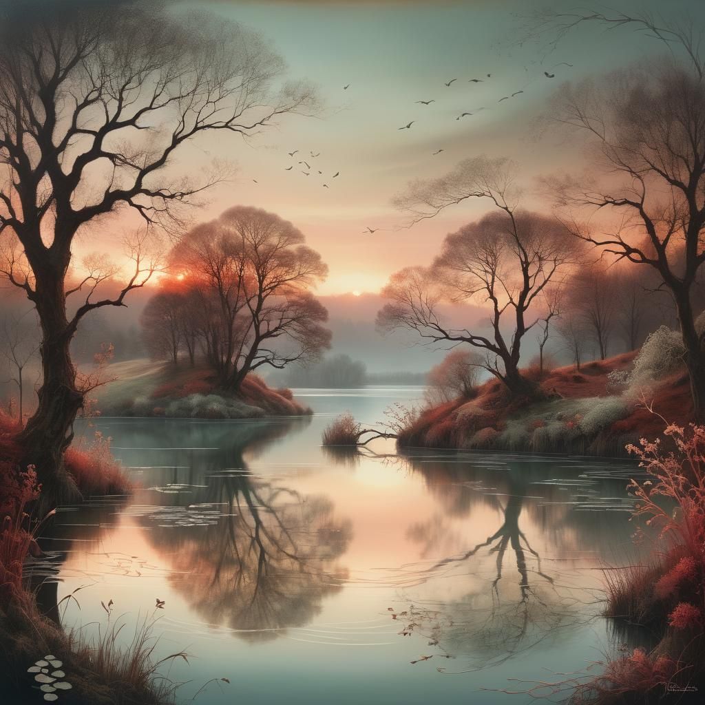 dreamy Mystical  lake at red copper sunset   by @Mapont