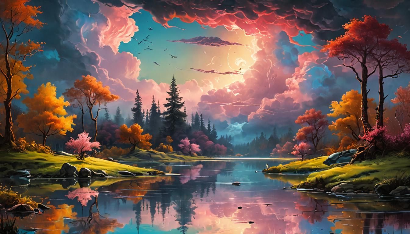 Nature painting with a lake