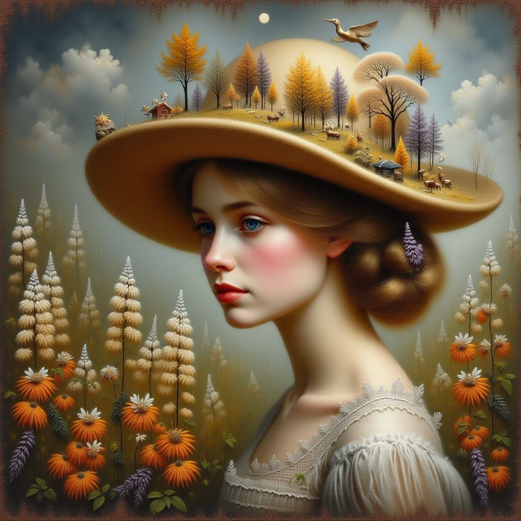 <lora:felt:1.0> Oil painting on felt. Baroque lady in a hat, on which a tiny microcosm of a spring ruralscape. Oil painting on felt. Very so...