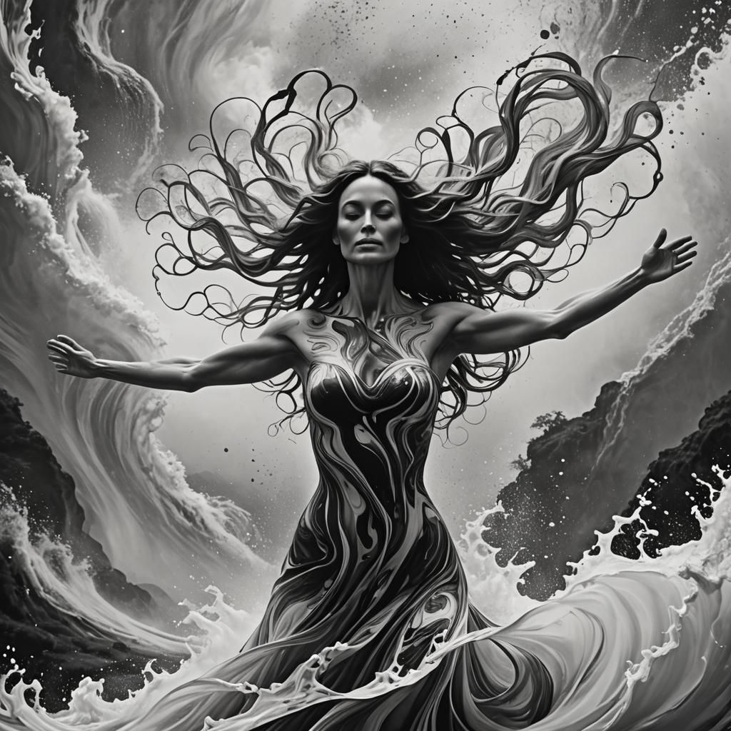 Artistic black and white image featuring a central figure th...
