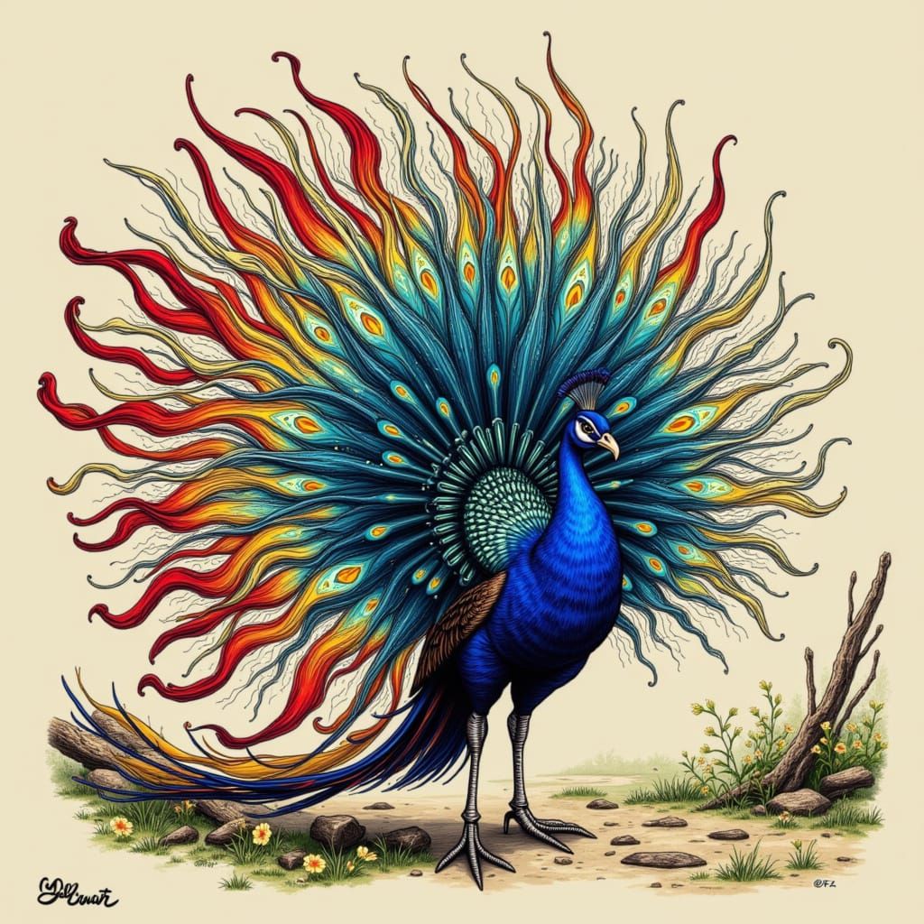 a fluffy peacock of rainbow colors, strutting down the boardwalk, detailed<lora:Calligraphy Style:1.0>